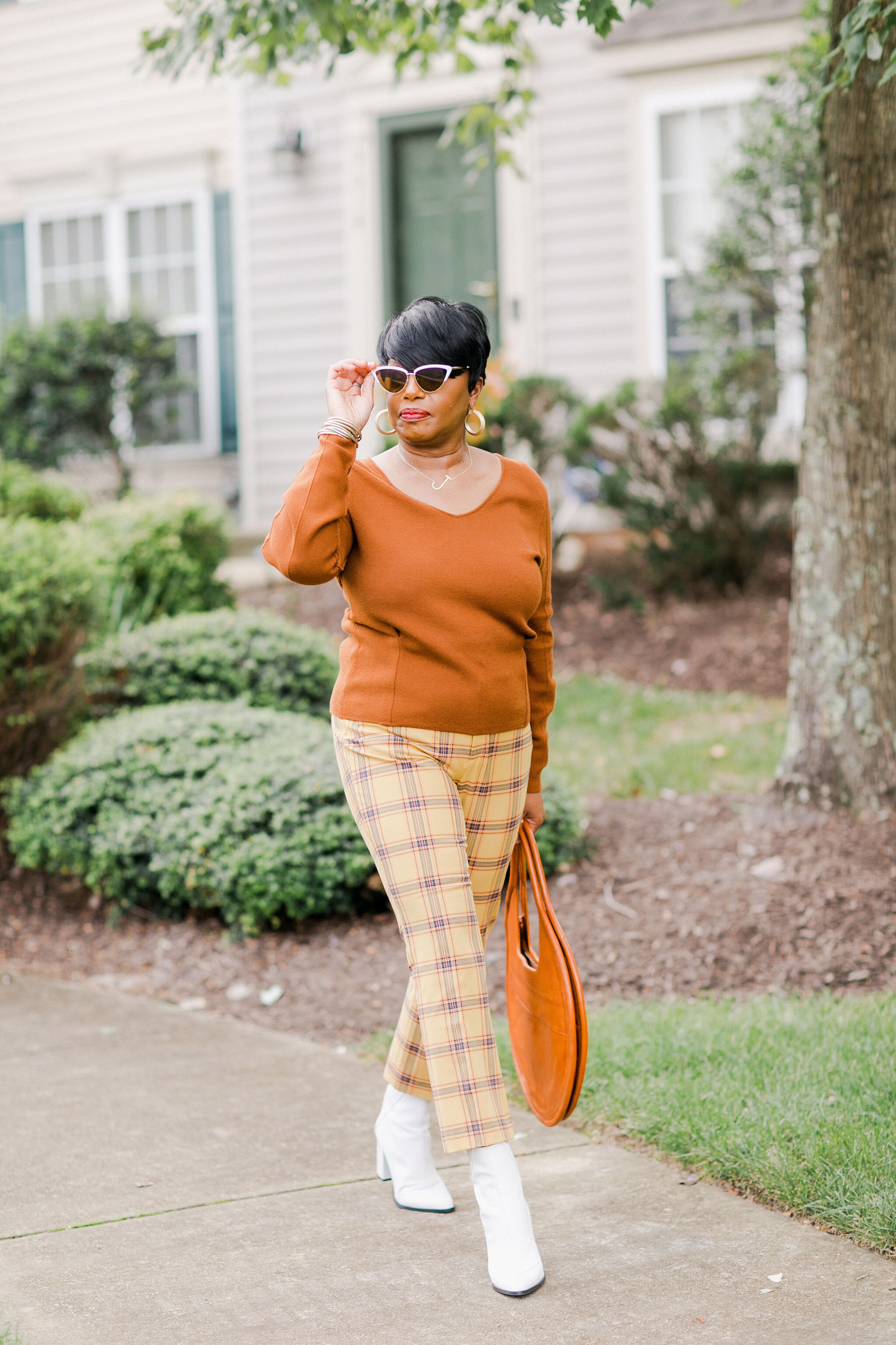 MY FAVORITE FALL LOOKS PLAID PANTS WHITE BOOTS Medley Style